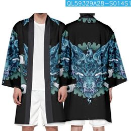 Loose Black Skull Print Cardigan Japanese Samurai Harajuku Long Kimono Women Men Cosplay Yukata Tops
