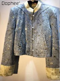 Women's Jackets Retro Stand Collar Long Sleeve Short Denim Jacket Female 2024 Spring Autumn Beaded Sequins Satin Patchwork Top Women