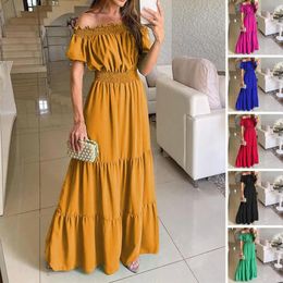 Maxi Boho Dress Streetwear Puff Short Sleeves Elastic Waist Beach Stitching Large Hem ALine HighWaist Summer Off Shoulde 240411