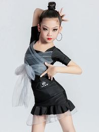 Stage Wear Mesh Modern Dance Dress Kids Girls Latin National Standard Ballroom Costume Waltz Display Performance Dancewear