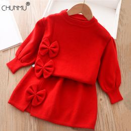 Baby Girl's Winter Clothes Set Red Christmas Outfits 0-5 Years Kids Girls Solid Colour Bow Sweater Tops and A-line Skirt 2 Piece