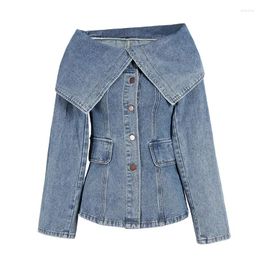 Women's Blouses SuperAen 2024 Summer High Street Style Retro One Shoulder Denim Shirt Autumn Design Lapel Fashion Jeans Shirts