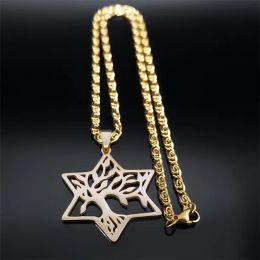 Magen Star of David Tree of Life Necklace for Women Men Gold Color Hollow Pendant Hexagram Plant Necklaces Jewelry Gift N8078S05