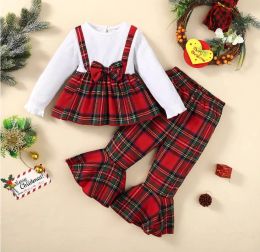 Trousers Christmas outfits for kids baby clothes Girl Plaid print bow long sleeve shirts tops and Flared pants 2pcs/set Boutique clothing