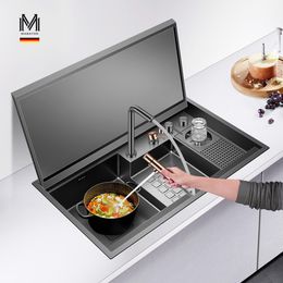 NEW Luxury Black 880*500*240mm Kitchen Sink Invisible With cover High Quality Kitchen Sink Set Liftable Kitchen faucet pcs/set