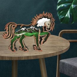 Wooden Carving Horse Animal Craft with LED Creative Hollow Multi-layer Carving Wooden Horse Christmas Gift for Home Desk Decor