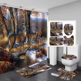 Hunting Camo Elk Moose Bear Deer Shower Curtain Set Bathroom Set Wild Animals Forest Bath Curtain Mats Rugs Woodland Lodge Decor