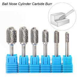 Tungsten Carbide Rotary File Burr Style C Ball Nose Cylinder 6mm 1/4 Shank Mould Carving Tools Single Cut Milling Cutter Metal