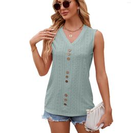 Women's T Shirts Spring/Summer Solid V-neck Button Loose Tank Top Sleeveless Women