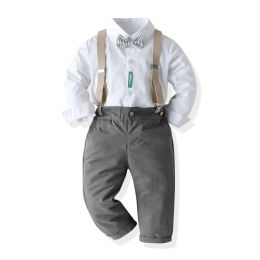 T-shirts New Fashion Spring Kids Outfit Prince Charming Bow Tie Longsleeved White Shirt + Suspenders Gentleman Party Boy Children Suit
