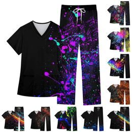 Women's T Shirts Short Sleeved Top V Neck Tie-Dye Printed Chest Pocket Work Elastic Waist Pants Two Piece Set Ropa De Mujer