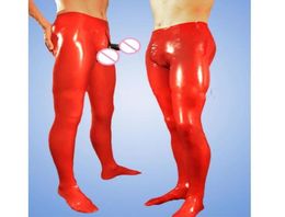 Fashion Catsuit Costumes PVC Faux Leather red Latex Sexy Pants Leggings with crotch zipper Attached Socks1188292