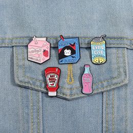 5 Styles Container Enamel Pins Happy Juice Bottle Milk Box Lapel Pins Zip-top Can Creative Metal Brooches Decorative Jewellery Pin