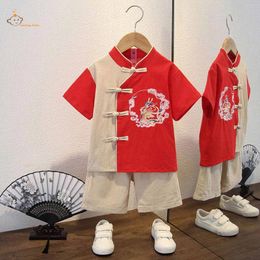 Clothing Sets Summer Boys Hanfu Children Tang Suits Clothes Comfort Short-Sleeve Kids Embroidery Tops Shorts Retro Chinese