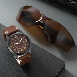 Wristwatches Mens Fashion Watches Glasses Set For Men Retro Big Dial Quartz Wrist Watch Male Casual Brown Leather Reloj Hombre