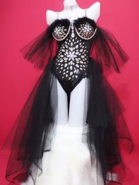 Women Nightclub DJ DS Costume Party Sparkly Crystals Bodysuit Black Pink Feathers Jumpsuit With Tail Yarn Sexy Dancer Stage Wea