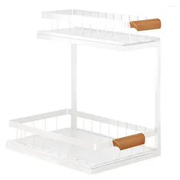 Hooks Metal Sliding Organizer 2-tier Kitchen Bathroom Shelf For Under Sink Storage Durable Cabinet