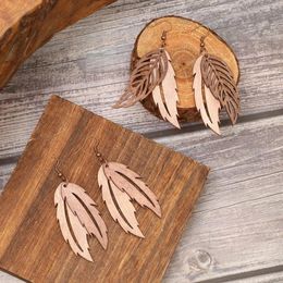 Dangle Earrings Women'S Jewellery Wooden Feather Leaf Shaped Hollow With Natural Retro And Distinctive Personality