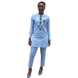 Sky Blue Women's Sets Tailored Ankara Outfits Soft Shirts With Pants Nigerian Styled Wrinkle Resistant Lady's African Wear