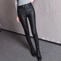 Women Leggings Winter Warm Leggings Plus Velvet Matt Faux Leather Skinny Sexy Leggings High Waist Long Black Pencil Pants C335