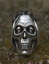 Goth Santa Muerte Ring Rose Crown Sugar Skull Stainless Steel Rings Womens Punk Biker Jewelry Unique Gift8509427