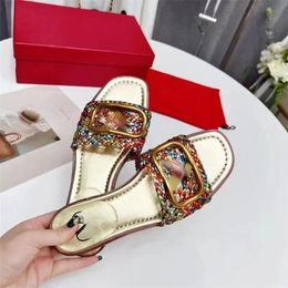Women Designer Multi Colors V-button Slippers Woven Flat Sandals Summer Out Wearing Leather Beach Shoes
