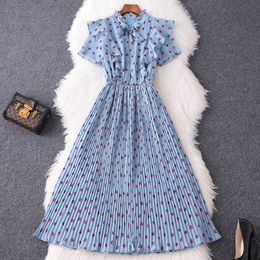 2024 Summer Ribbon Tie Short Sleeve Polka Dot Blue Chiffon Dresses Knee-Length Pleated A-Line Elegance Dresses Casual Dresses