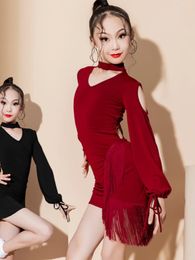 Stage Wear Latin Dance Dress Fringed Girl Long Sleeve Red Acrobatics Competition Table Performance