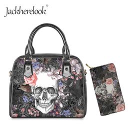 Jackherelook Skull Flowers Pattern 2pcs Handle Tote Large Capacity Shoulder Bags Set Femme Sugar Gothic Design Messenger Bolsas