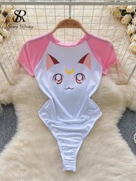 SINGREINY Summer Women Sweet Slim Bodysuits O Neck Short Sleeves Cat Print T Shirt Ladies Open Crotch Elastic Sexy Playsuits