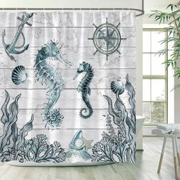 Shower Curtains Seahorse Watercolour Ocean Animals Starfish Nautical Anchor Grey Wood Board Cloth Bathroom Decoration With Hooks