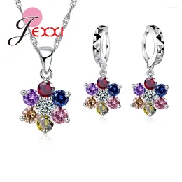 Necklace Earrings Set Exquisite Multi Color Cubic Zirconia Flower Crystal Drop Piercing 925 Sterling Silver El Collar