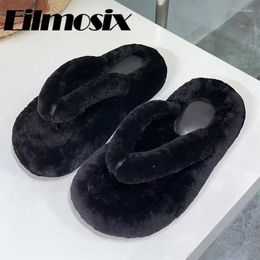 Slippers 2024 Autumn Thick Sole Flip Flops Wool Women Round Toe Peep Warm Outside Casual