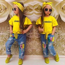 Clothing Sets Girls Suits Summer Children's Hairband Short Sleeve Yellow T-shirts Tops Denim Pants Toddler 3 Pieces Tees Jeans