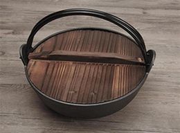cast iron saucepan with wood cover and handle thickened non stick pan Japanese traditional old thick iron pot soup pot L25 H8 5CM 3559187