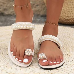 Slippers Beaded Clip Toe Flower Women Flats Sandals Designer Summer Shoes 2024 Fashion Beach Dress Flip Flops Mujer Slides