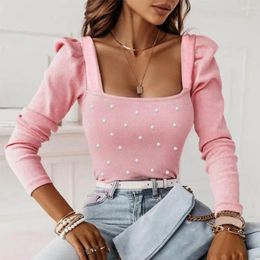 Women's Blouses Women Square Neck T-shirt Elegant Beaded Long Sleeve Blouse Slim Fit Top Spring Commute Wear