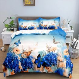 Butterfly 3D Flower Duvet Cover Set Quilt Cover with Zipper Queen Double Polyester Comforter Cover for Kid Girl Christmas Gift