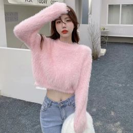 y2k Sweater For Women Sweet Faux Mink Hairy Pullover O Neck Long Sleeve Loose Short Sweater Lady Casual Soft Warm Jumper