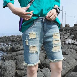 Men's Jeans Summer Travel Vacation High-Quality Perforated Shorts 2024 Korean Version Thin Light Blue Loose Street Trend