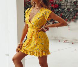 Yellow Blossom Dress Summer Women Print Vneck Mini Dress Sexy Wrap Dress with Belt Vestidos the Mujer Casual Tunics8779425