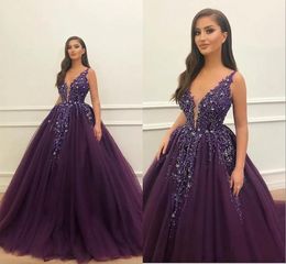 Горячие темные новые фиолетовые платья Quinceanera Ball Hown Deep V Nece Sequint