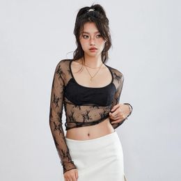 Women's T Shirts Puloru Sheer Mesh Crop Tops Sexy Fashion Black Lace Floral Long Sleeve U Neck Skinny Short T-Shirts For Street Club