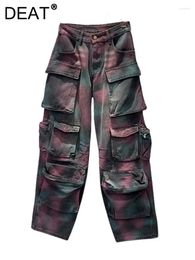 Women's Jeans Women High Waist Coloured Tie-dye Multiple Pockets Straight Wide Leg Cargo Denim Pants 2024 Autumn Fashion 29L5323