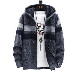 5 Colours Mens Sweaters Winter Cardigan Sweater Coats Thick Hooded Men Striped Clothes Plus Velvet2162220