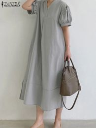 ZANZEA Fashion Solid Colour Slit Hem Long Dress Women Short Puff Sleeve Casual Loose Vneck Aline Midi Vestido Summer 240411