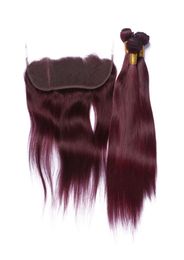 Straight 99J Wine Red Brazilian Human Hair Weaves with Lace Frontal 4Pcs Lot Burgundy 3Bundles with 13x4 Full Lace Frontal Closur2363112