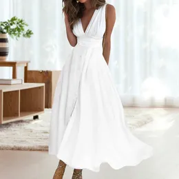 Casual Dresses Bohemian CFor Women Summer V Neck Wrap Dress Women's Sleeveless Flowy Long Solid Colour Beach Holiday Sundress 2024