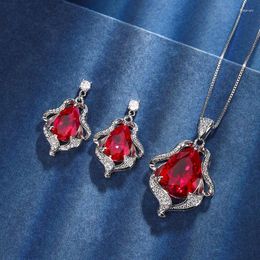 Necklace Earrings Set Wedding Birthday Gift Drop Shape Red Ruby Cubic Zircon Pendant Stud Women Jewelry