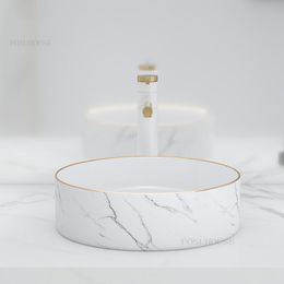 Light Luxury Ceramic Bathroom Sink Nordic Round Countertop Basin Household Art Design Sink Washbasin Balcony Hotel Single Basin